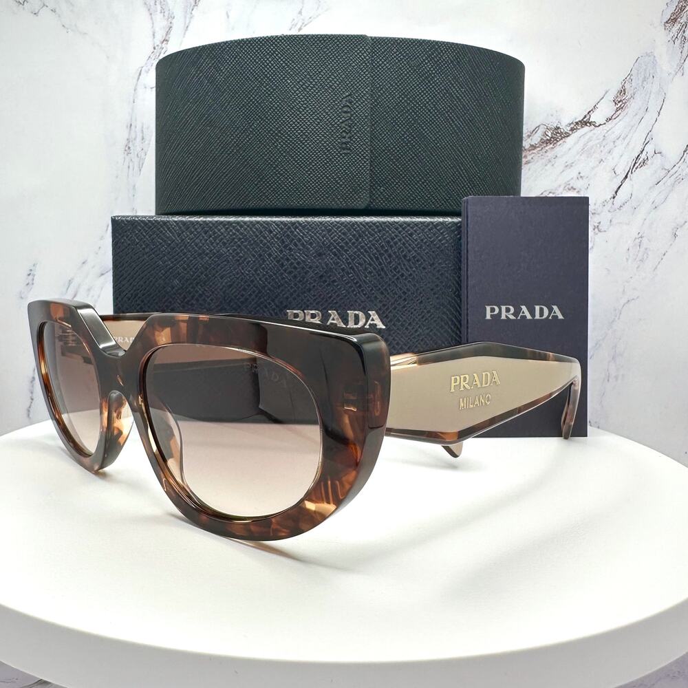 NEW PRADA Sunglasses Brown Tortoise Caramel Gold Symbole Oval Cat Eye Womens